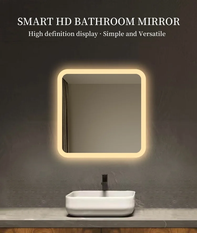 Square smart mirror Bathroom wall mounted LED Intelligent defogging mirror Human sensing touch screen bathroom mirror details