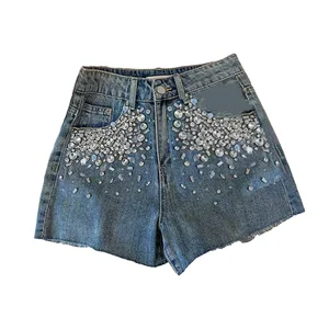 Customizable Summer New Design Denim Ironed Crystal Girls Shorts High Waisted Slimming Kids Shorts