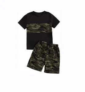 New Kids 2 Piece Outfits Print Short Sleeve Camouflage Tee Shirt and Drawstring Shorts Set for Boys