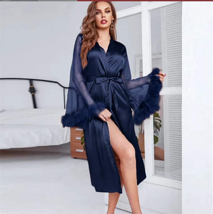 New Arrivals Home Wear Satin Silk Robe Women Luxury Sexy Sleepwear with  Feather