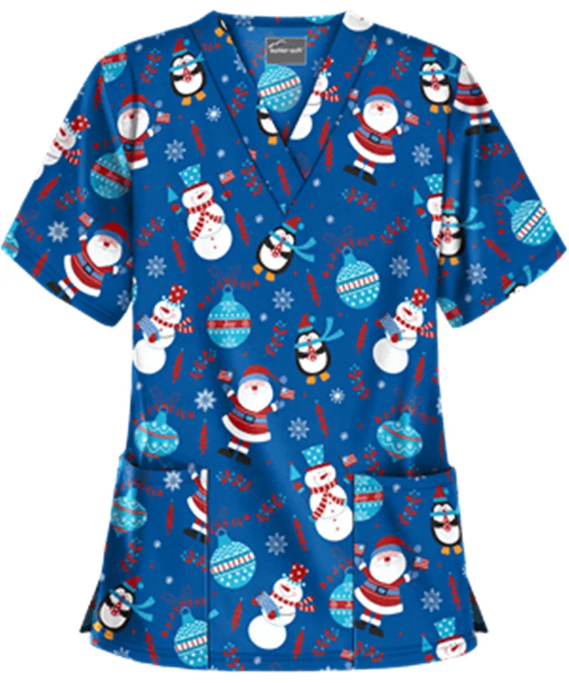 Printed Snowman Pattern Nurse Uniform Design Hospital Medical Work Clothes Uniform Christmas Scrub