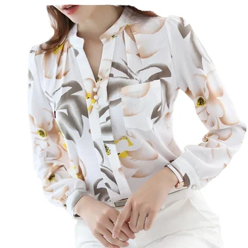 Casual Elegant Korean Version Women's Slim Chiffon Blouse Long Sleeve Simple Woven Shirt for Summer Spring Breathable Printed