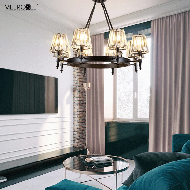 Meerosee Round Crystal Chandelier Vintage Iron Hanging Ceiling Light Flush Mount Lighting Fixture for Farmhouse Bedroom MD86797