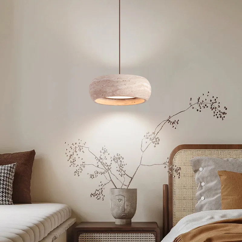 Wabi-sabi Vintage Natural Round Travertine Led Pendant Light for Bedroom Hallway Dinner Table