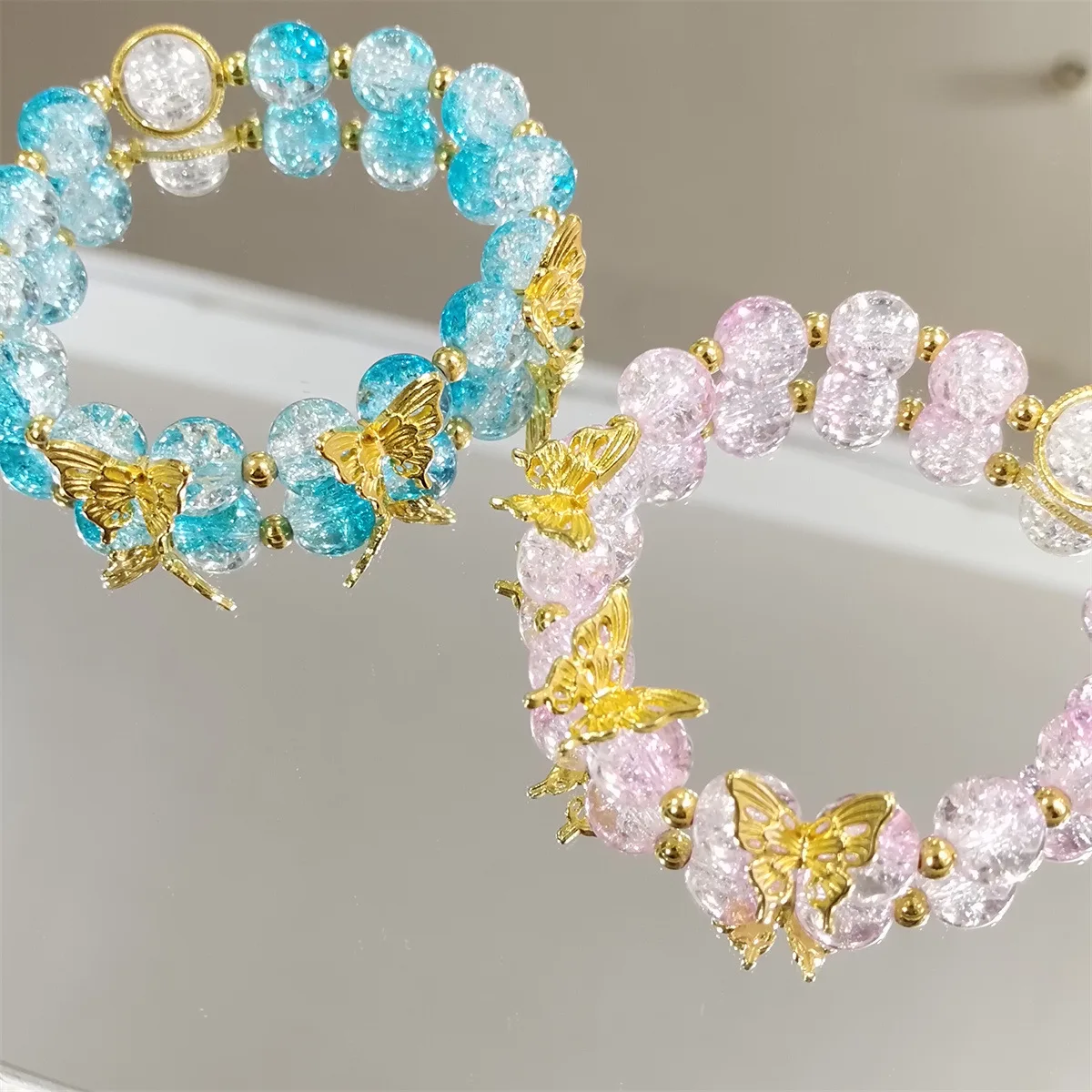 INS Fantasy Popcorn Cracked Crystal Beads Bracelet Butterfly Charm Gradient  Color Girl Women Friendship Bracelets Jewelry Gift