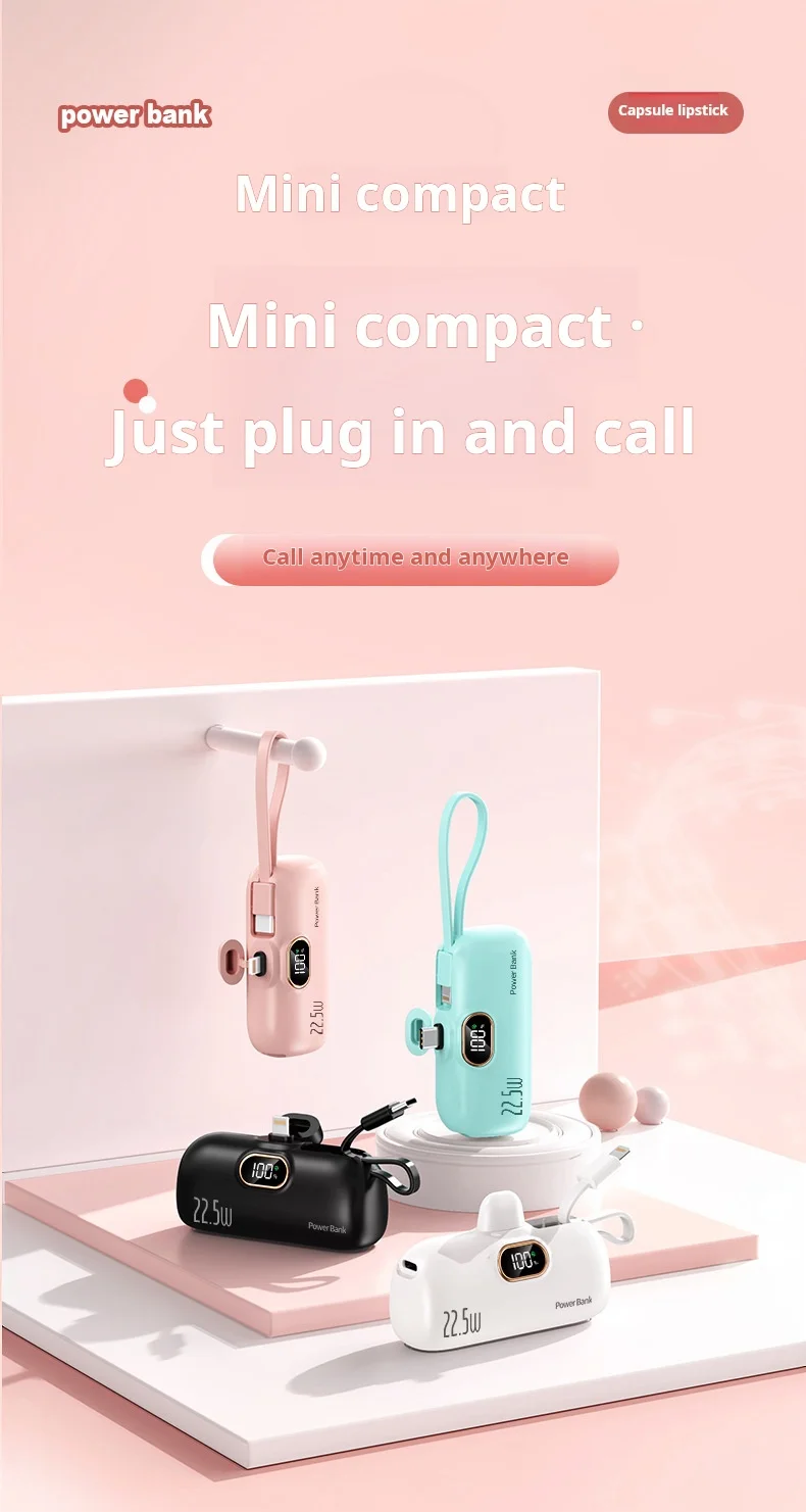 2024 New Design Mini Capsule Powerbanks 22.5w Super Fast Charge 2in1 5000mah 10000mah Large Capacity Portable Power Bank