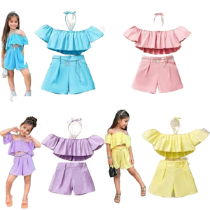 Children Summer Wear 2026 Europe and America Hot-selling Kids Wear One-shoulder Short-sleeved Top Shorts Girl Clothes