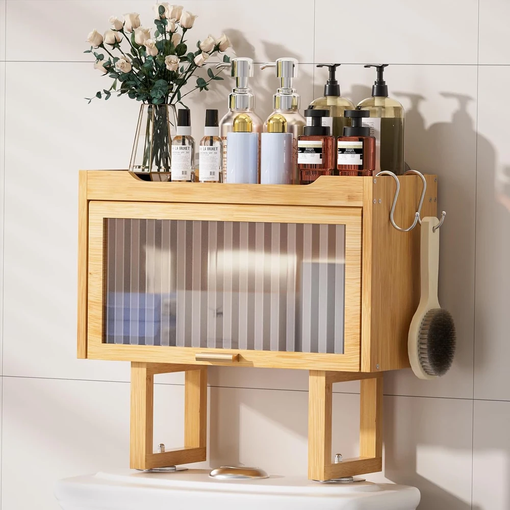 Bamboo Wall-Mounted Toilet Storage Cabinet Space-Saving Bathroom Storage Rack with Lid and 2 Hooks No-Drilling Design