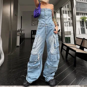 New Fashionable Street Style Strapless Waist Cinching Revealing Figure Spicy Girl Multi Pocket Denim Work Pants Jumpsuit