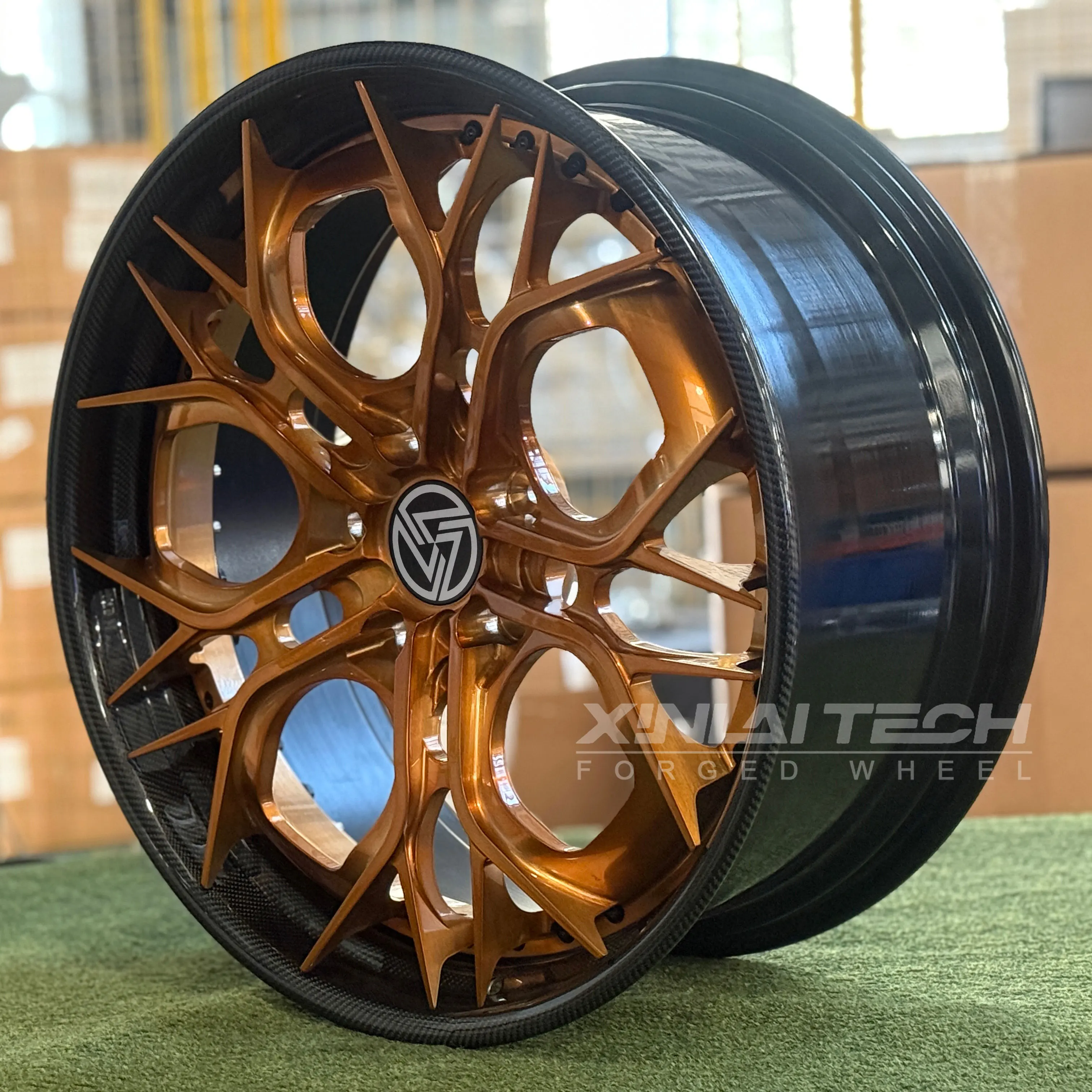 XINLAI 2-Piece Custom Forged Carbon Fiber Wheels Bronze Finished 5x112 5x114.3 5x120 18 19 20 21 22 23 24 Inch Car Alloy Wheel - Image 1