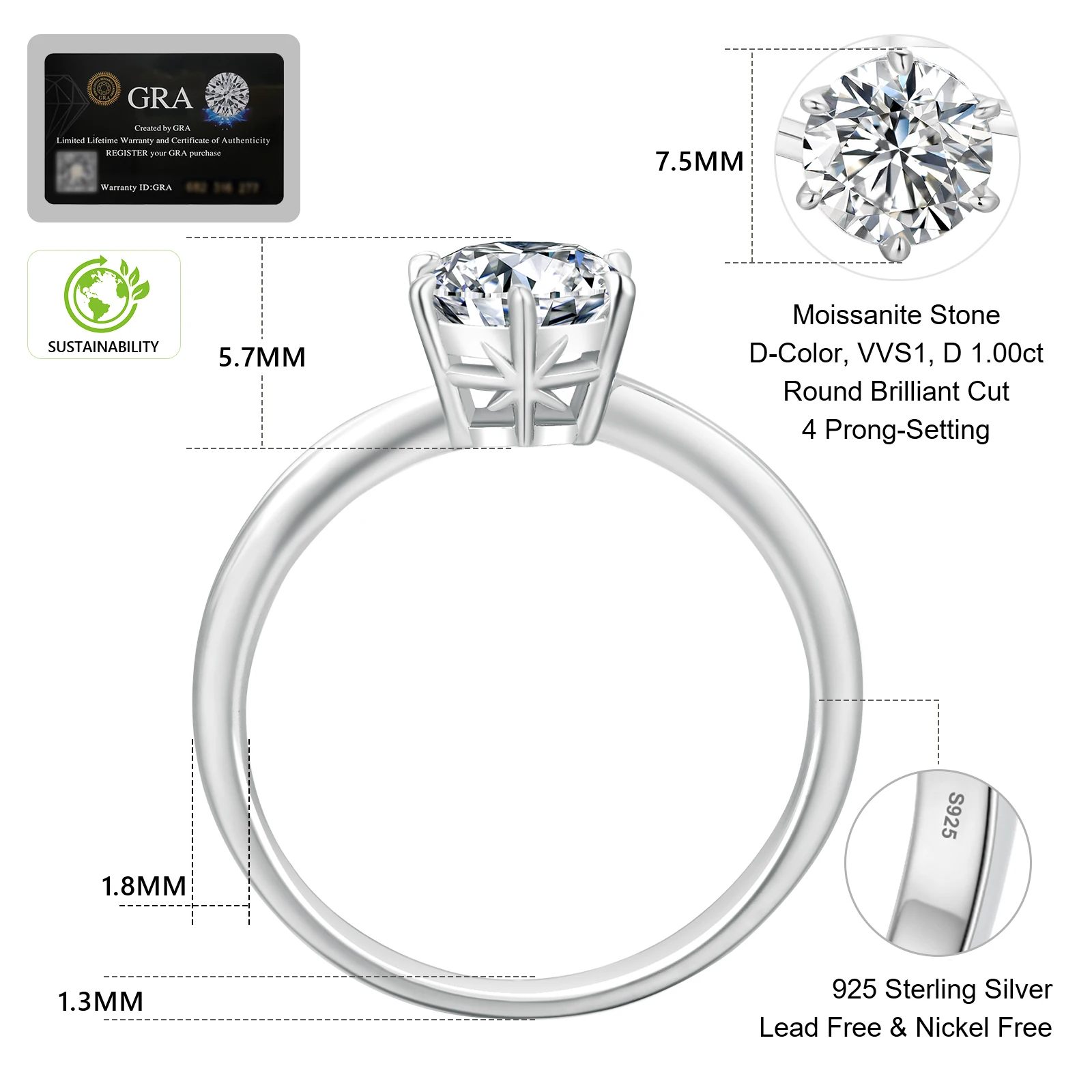 1.00Ct Round Real Moissanite Women's Solitaire Engagement Wedding Ring high quality Special Occasion Use Ring 14K White Gold Finish 925 Sterling Silver