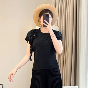 Fashionable Grey Women's T-Shirt Casual Solid Color Pleated Top Short-Sleeved Summer New Grandma Covering Slimming Large Size