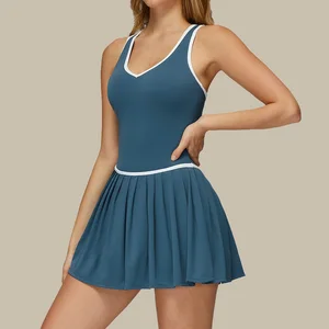 Custom Gym Yoga Tennis Wear Breathable Running Dress with Built-In Shorts Summer Skirt Set with OEM Logo on Front