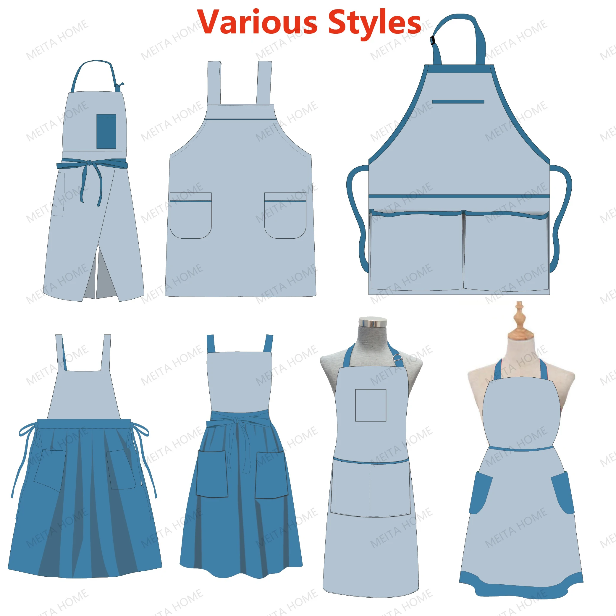 Short Cotton Linen Cloth Apron Custom Embroidery logo Pattern Bib Chef Kitchen Gingham Apron Wholesale 1-pocket