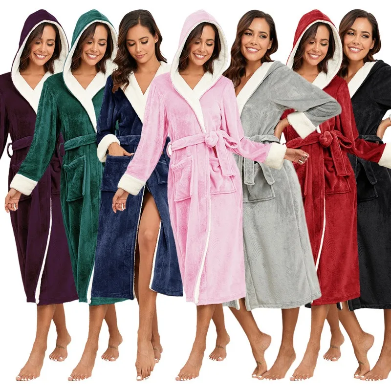 Wholesale Fleece Bathrobe Robe Sleepwear Hooded Custom Polyester Flannel  Ladies Sherpa Dressing Gown for Women