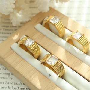 French Ins Trendy Gold Plated Stainless Steel Inlaid Zircon Striped Third Party Certified Wedding Engagement Gift Ring for Women