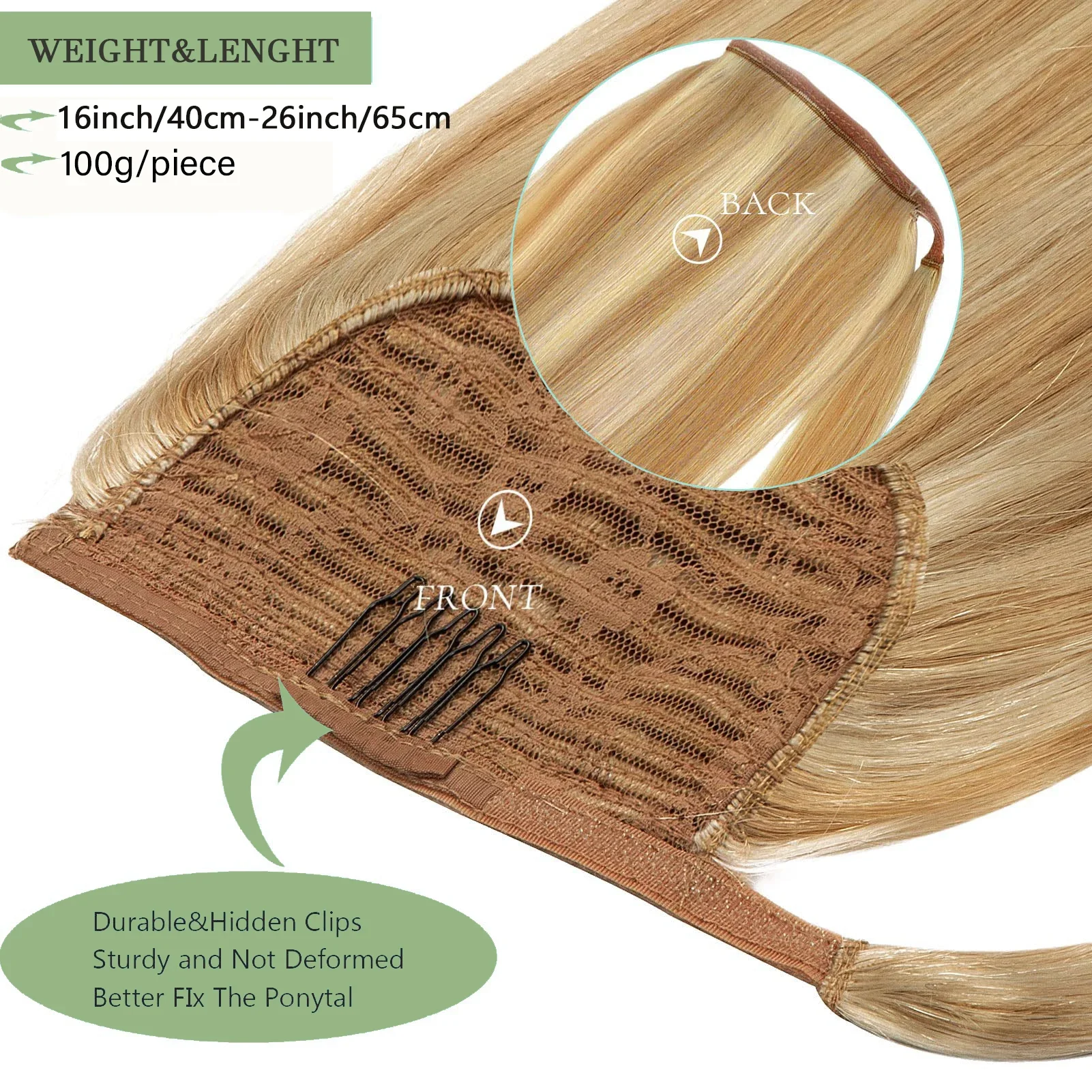 Extension per coda di cavallo con capelli umani, avvolgenti, #P8/613, con clip colorate, capelli Remy, 16-26 pollici, 1 pezzo_voghion.com