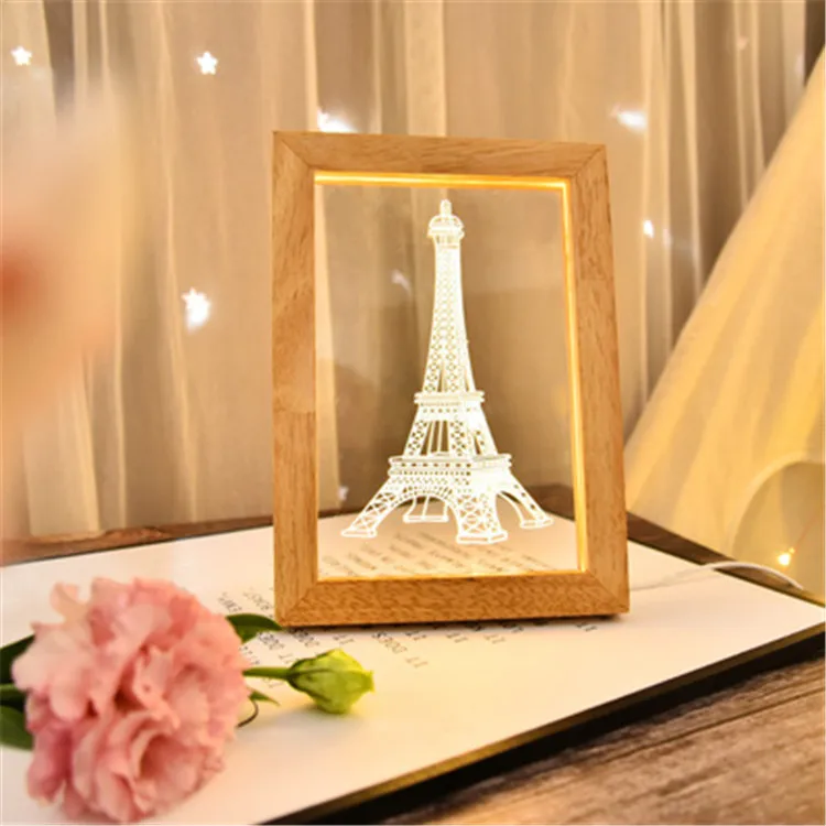 High Quality Customized 5V USB Powered Wooden LED Photo Frame 3D Night Light With Blank Acrylic Sheet