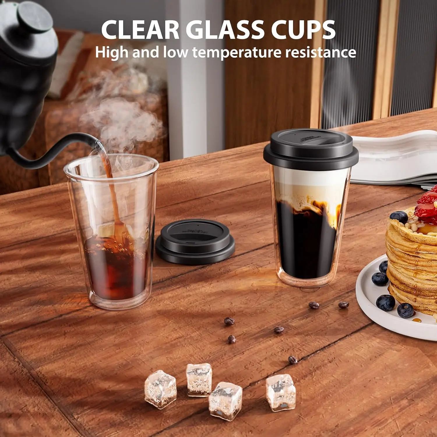Reusable Double Walled Glass Coffee Mugs With Silicone Lids Insulated