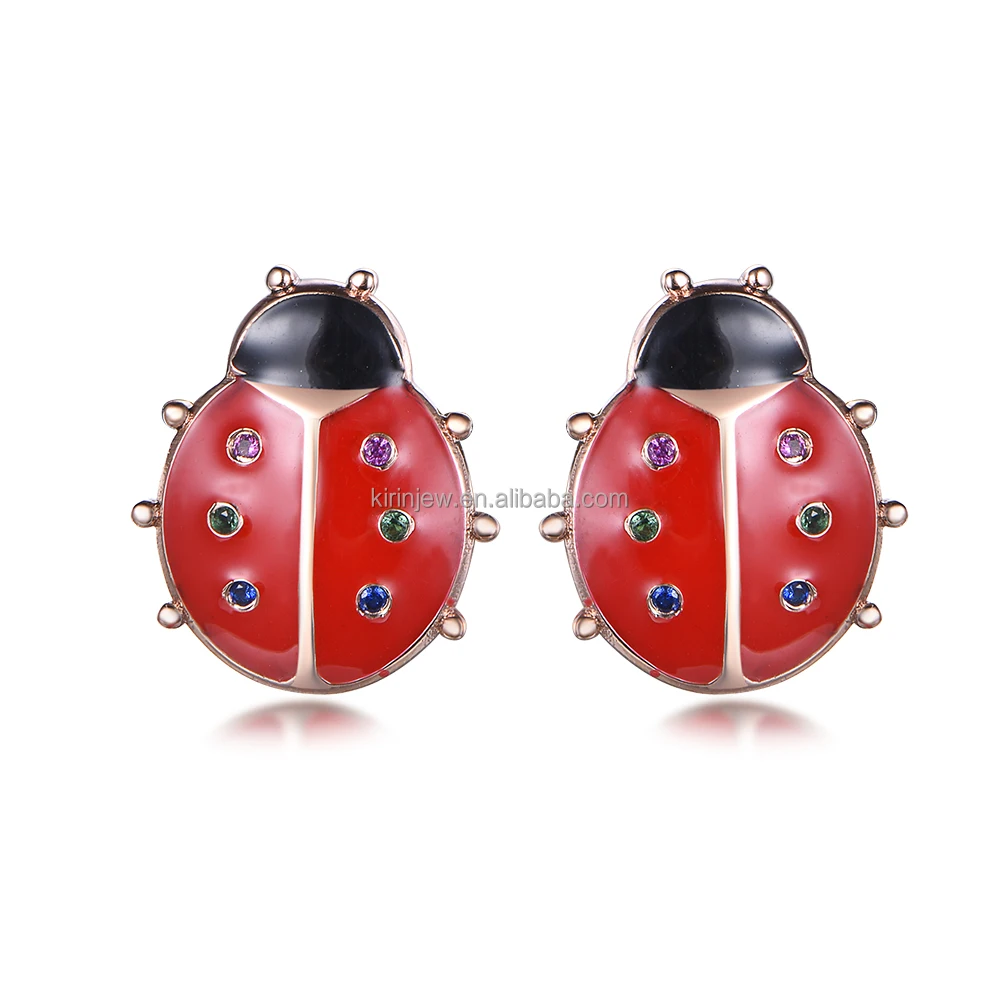 Fashion Rose Gold Plated Ladybug Stud Earring Cute Insect Stud Earrings Personality 925 Sterling Silver Earrings Jewelry