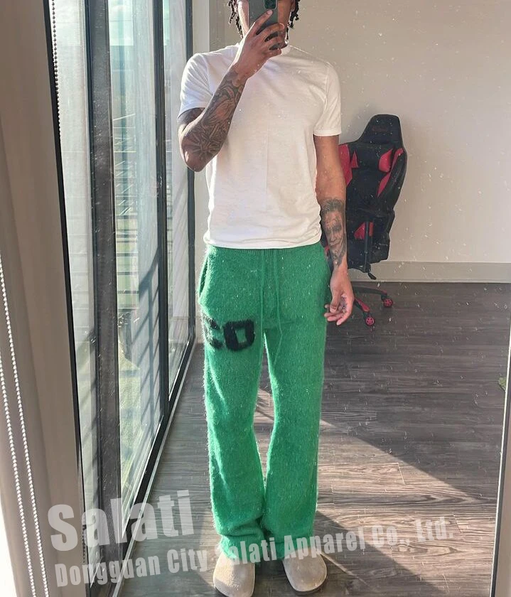 High Quality Custom Unisex Flare Sweatpants Trousers Stacked Fuzzy Pants Printed Jogger Streetwear Mohair Flared Pants for Men gallery 3