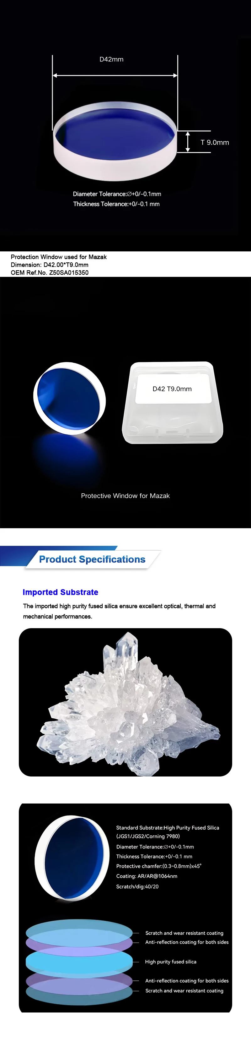 Mazak Laser Cutting Head Accessory-New D42 T9.0mm Optical Protective Lens Z50SA015350 Fiber Laser Protection Window