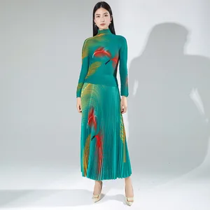 2025 New Arrival European and American Style High Neck Long Sleeve Top With Pleated High Waist Skirt Miyake Inspired 2-Piece Set