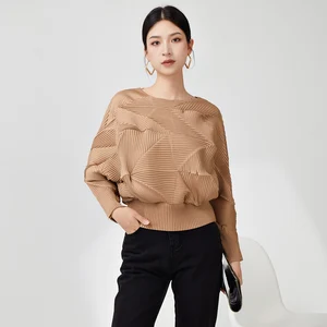 2025 Newest Design Issey Miyake Pleated Casual Women's Shirt High Quality Polyester Solid Color Long Sleeve Shirt