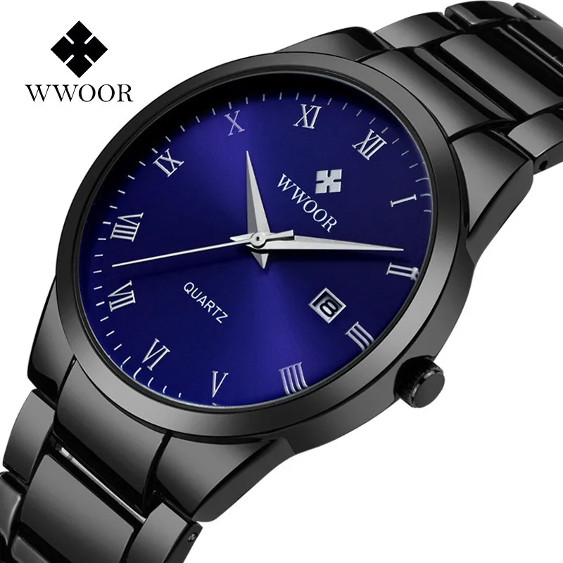WWOOR Top Brand Luxury Men Stainless Steel Waterproof Sports Watches Men's  Quartz Analog Date Clock Male Black Strap Wrist Watch