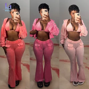 Huili Manufacturer Velour 3 Piece Outfits Matching Set Y2K Hoodie and Flare Pants Shorts Custom Logo Velvet Set for Women