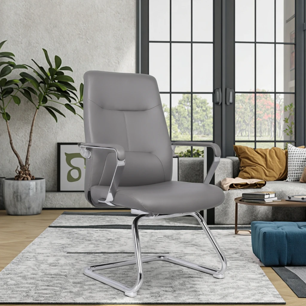 Industrial Executive Office Chrome Frame Chair Reinforced Joints Waterproof Leather Adjustable Height-Modern Design for Hotel 4