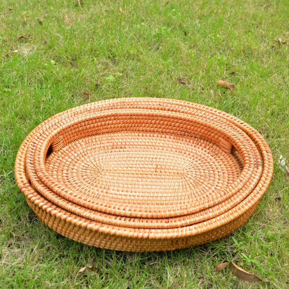 Handmade Natural Round Bamboo Weaving Bamboo Fruit Rattan Basket Bamboo
