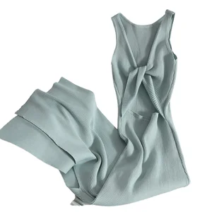 Wholesale Summer Sleeveless Korean Split Knit Long Dress Solid Color Bodycon Slim Wrap Hip with Hollow Out Casual Style