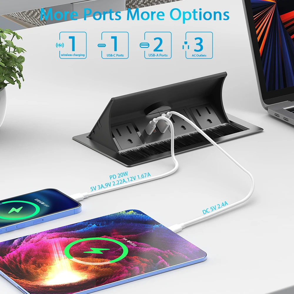 US Built in Conference Table Flip up Cover Brush Type Cable Management Socket Box With Inserted Fast Wireless Charger USB-C
