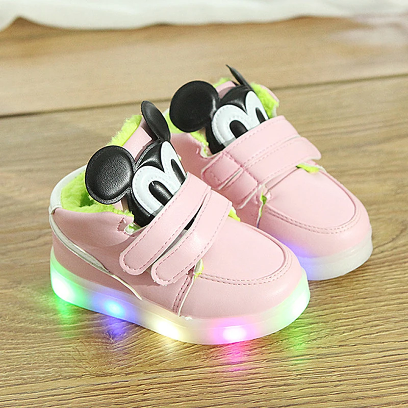 
Зимние теплые детские кроссовки со светодиодами для малышей, легкие спортивные детские кроссовки с Микки Маусом 