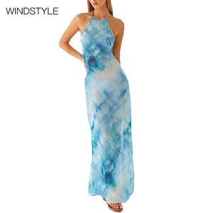 Women's Breathable Long Floor-Length Skirt New Summer Floral Printed Chiffon Dress Backless Personalized Floral for Party Club