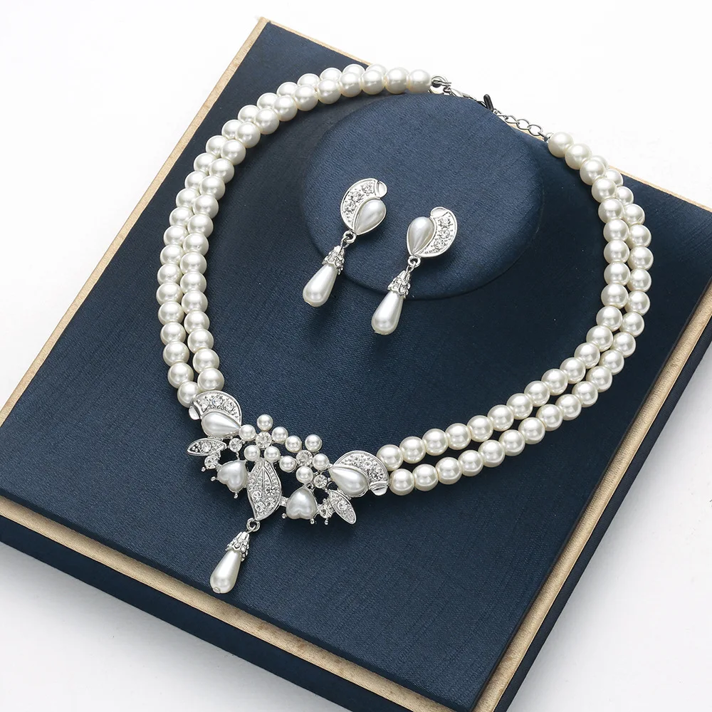 Fdesigner Bridal Jewelry Set – Silver Rhinestone & Pearl Necklace & Earrings For Bride & Bridesmaids