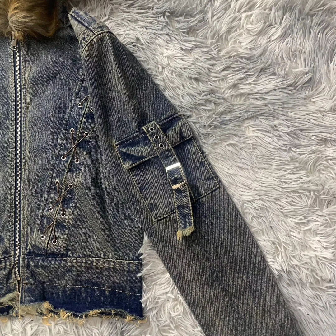 DENIMGUYS Men's Denim Jacket Personalized Customized Hip Hop Style Men  Vintage Y2k Distressed Bomber Jacket With Fur Hood