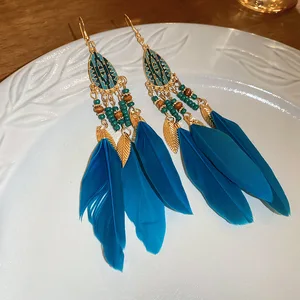 Bohemia Blue Feather Holiday Earrings Alloy Gold Plated Copper Designer Inspired Jewelry Sets Fancy Jewellery for Ladies