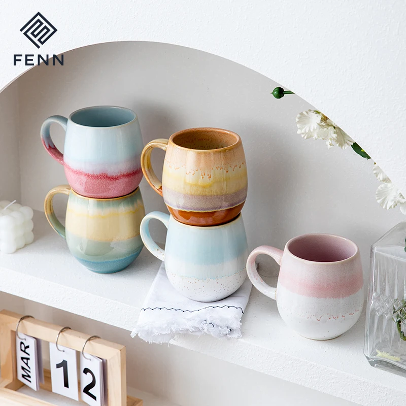 FENN Novelty Style Gradient Reactive Glaze Pot Belly Mug Large Ceramic Handmade Coffee Mugs Cup Stoneware Chubby Mug for Gift