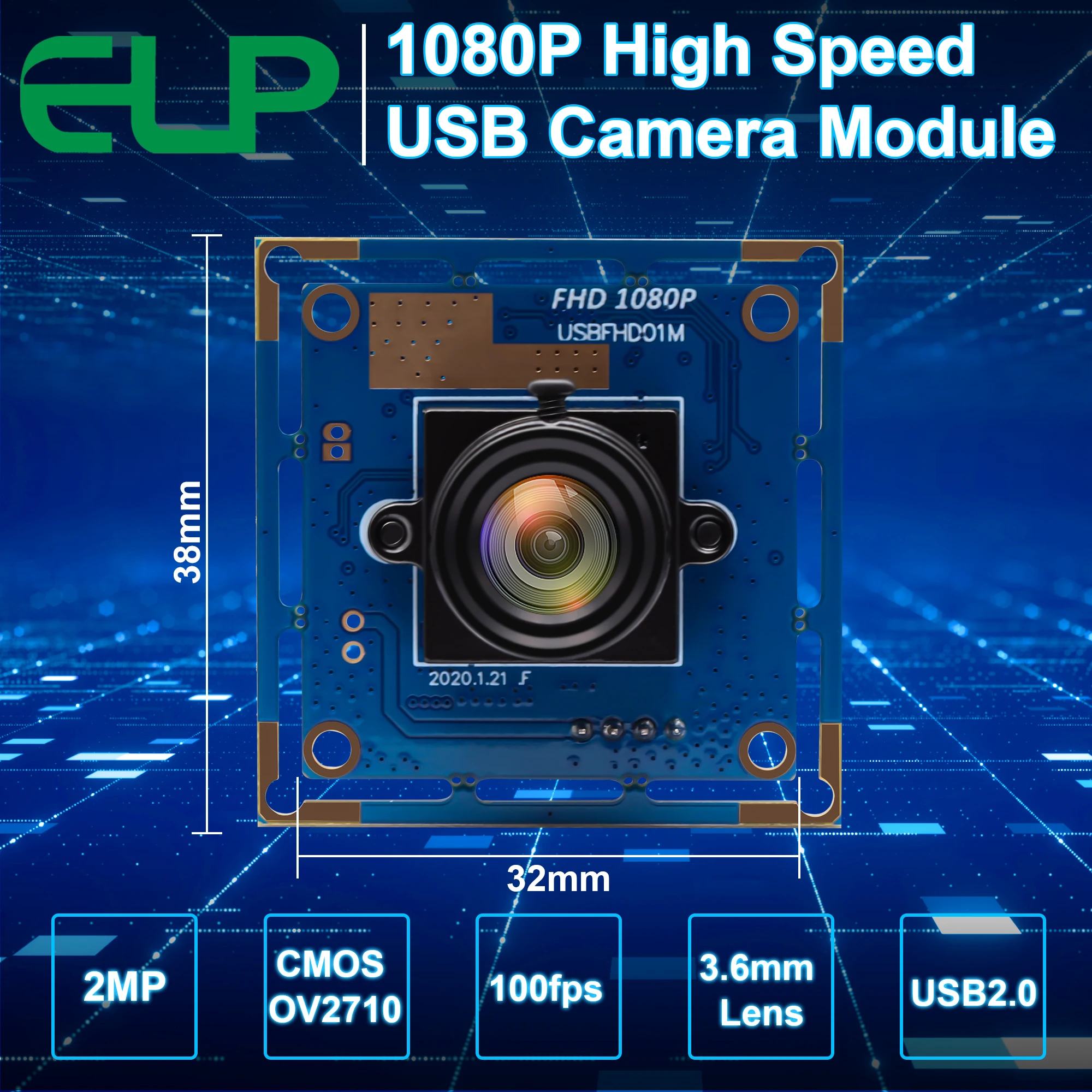 ELP 1080P 2MP OV2710 USB カメラモジュール 120fps 高速ウェブカメラ