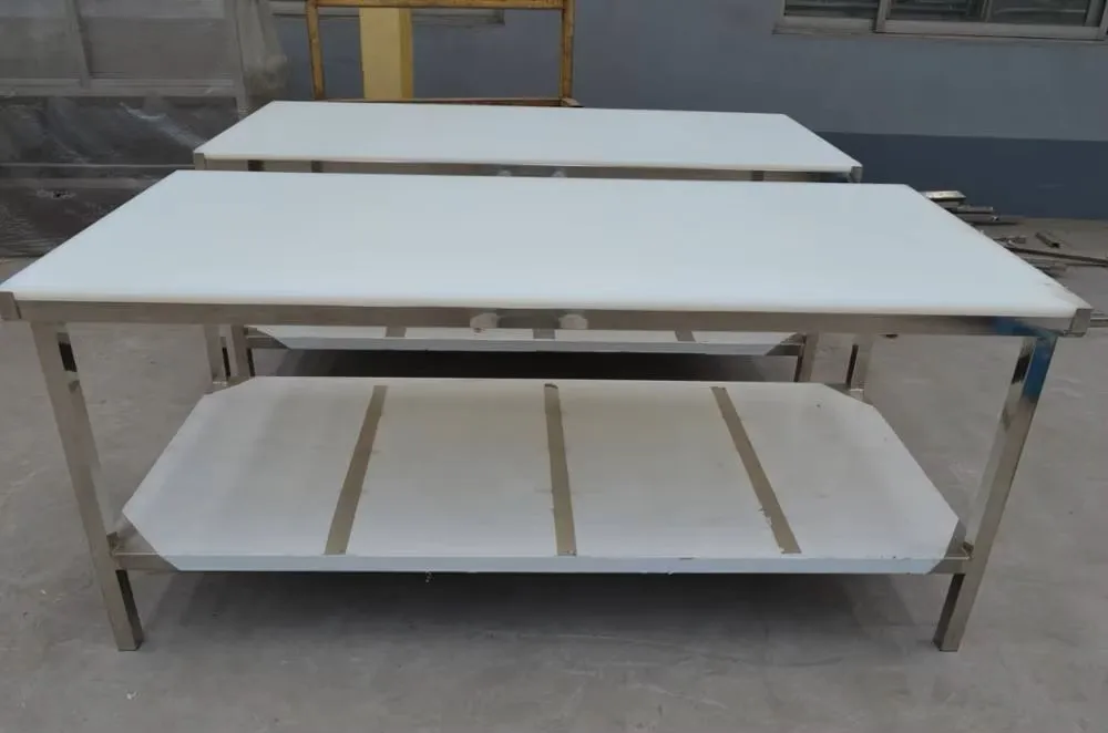 Factory stainless steel work table for use in slaughterhouse or meat processing line
