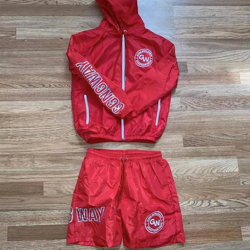 Custom Print Sweatsuit Two Piece Short Set Light Weight Jogging Suit Polyester Zipper Windbreaker Set Hood Tracksuit gallery 4