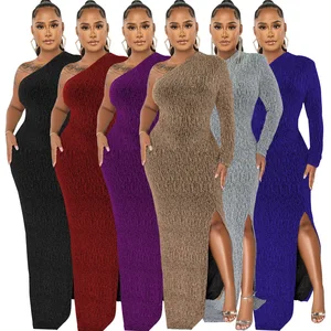 Women's Formal Evening Gowns Elegant Sparkly One Shoulder A-Line Floor-Length Maxi Dresses Sexy Long Sleeve High Split Party