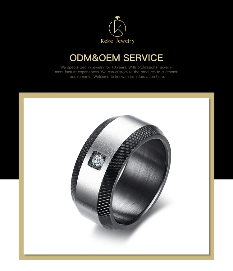 Supplier Wholesale 10MM stainless steel with single zircon black steel men's ring R-389