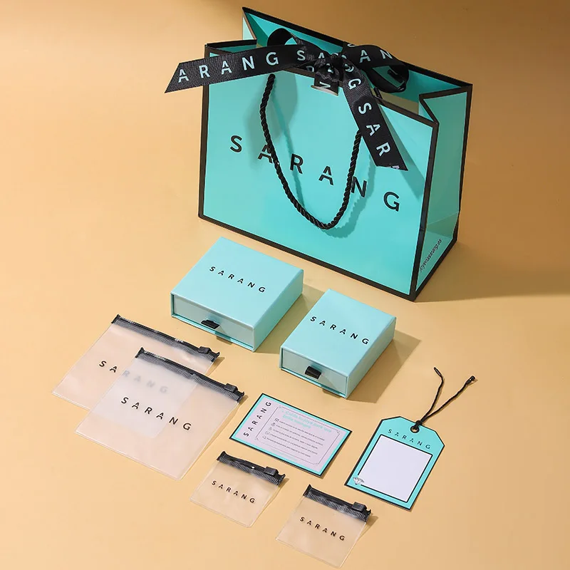 Premium Rectangle Mint Green Gift Box Jewelry Drawer Box Set with Paper Bag PVC Zipper Bag Thank You Card Custom Logo Packaging details