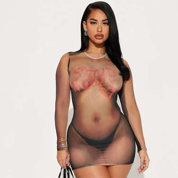 Fashion 2025 Spring Long Sleeve Character Print Round Neck Dress Tight Sexy Mini Suit Women Hip Dress