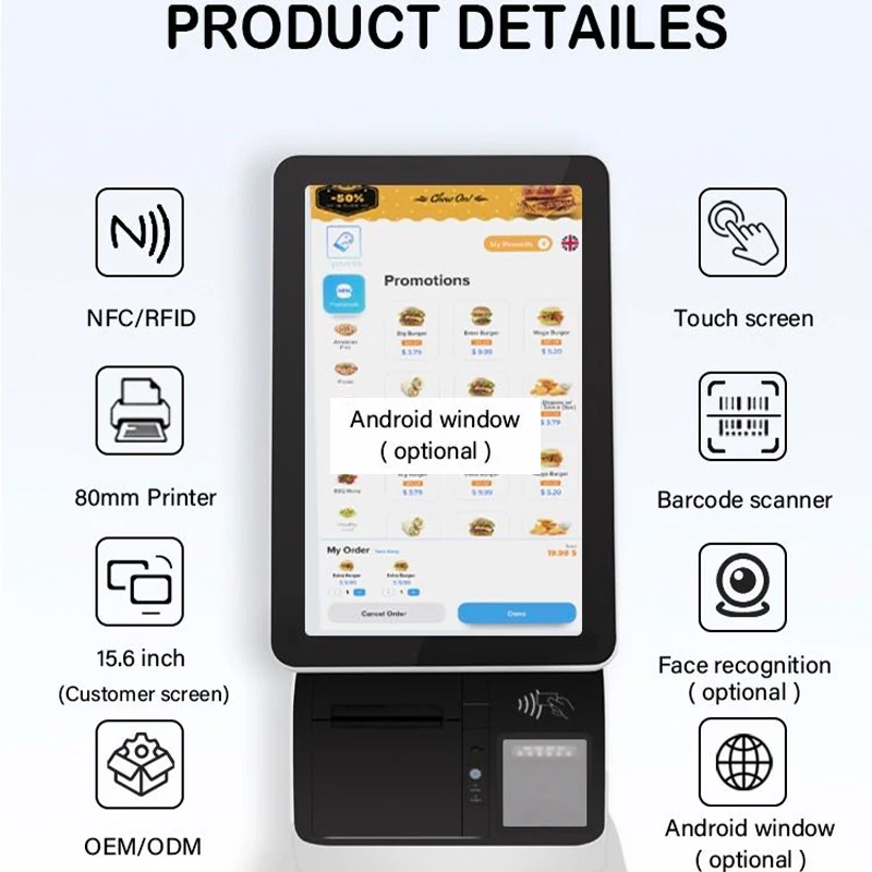 Pos Terminal Machine Restaurant Equipment TouchScreen Kiosk Self Ordering Kiosk Counter Cash Register Pos for Restaurant Machine