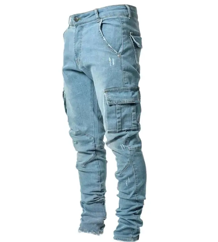 Factory custom jeans Black blue denim Cargo pants multi pocket slim fit Men's overalls jeans
