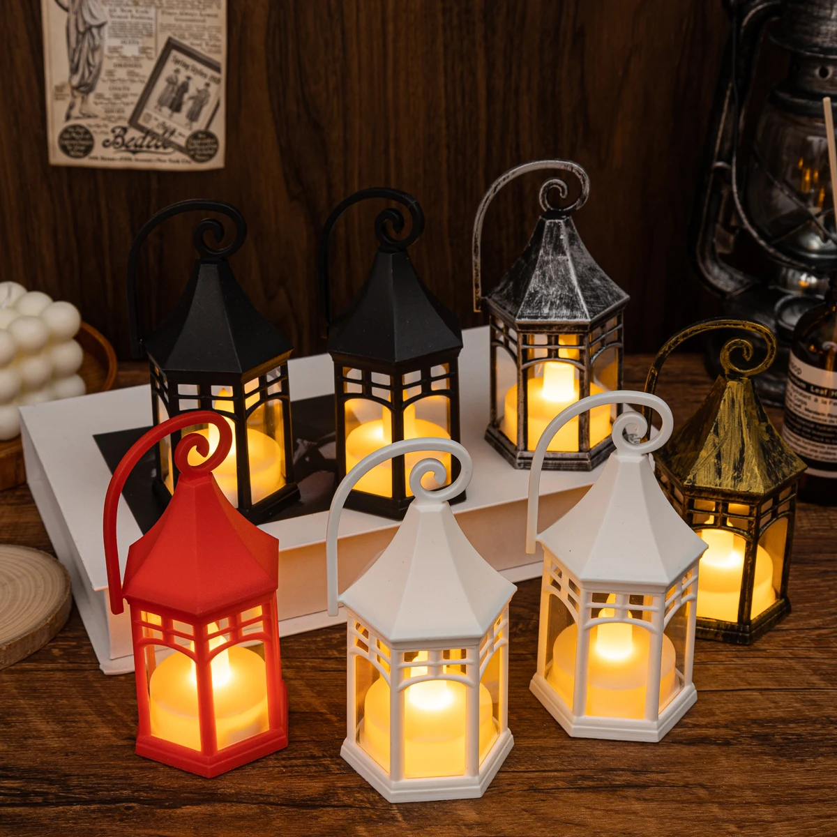 Retro Church Hexagonal Wind Light Plastic Flameless LED Candle Wind Light Halloween Festival Retro Home Decoration Light